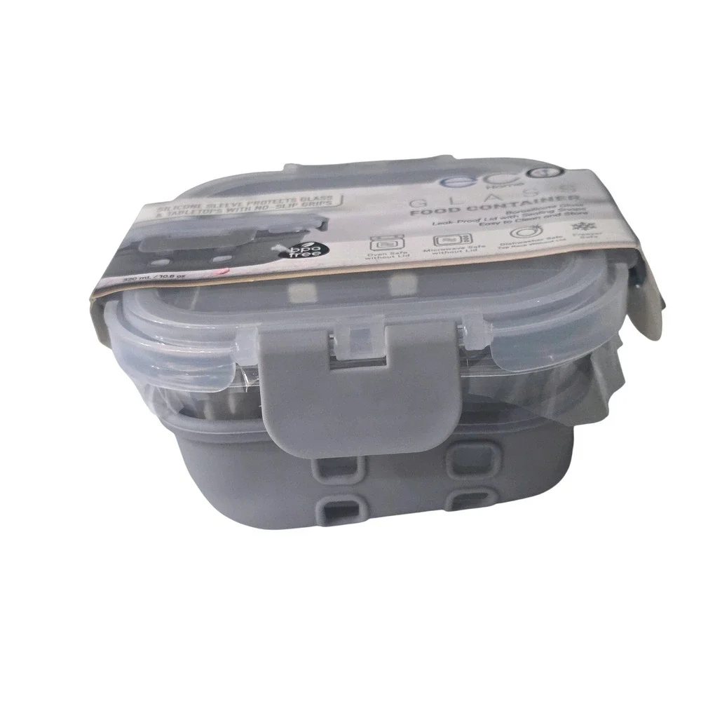 Eco Home Glass Food Container 10.8oz Grey Silicone Sleeve Leak Proof EC23-10982